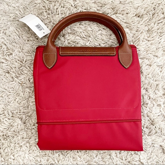 Longchamp Le Pliage Original Expandable Tote Travel Bag NWT Red Leather - Picture 13 of 16